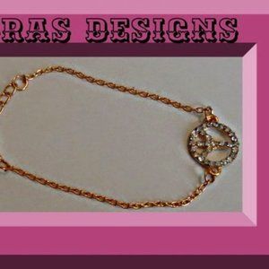Gold Tone Peace Sign Anklet With Clear Crystals For Women/Teens
